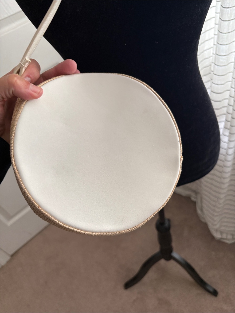 Round Woven Crossbody Bag in Cream and Tan - Picture 6 of 9